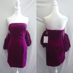 NEW AVEC LES FILLES Strapless PUFF SLEEVE Fuchsia VELVET Body-Con MINI DRESS S